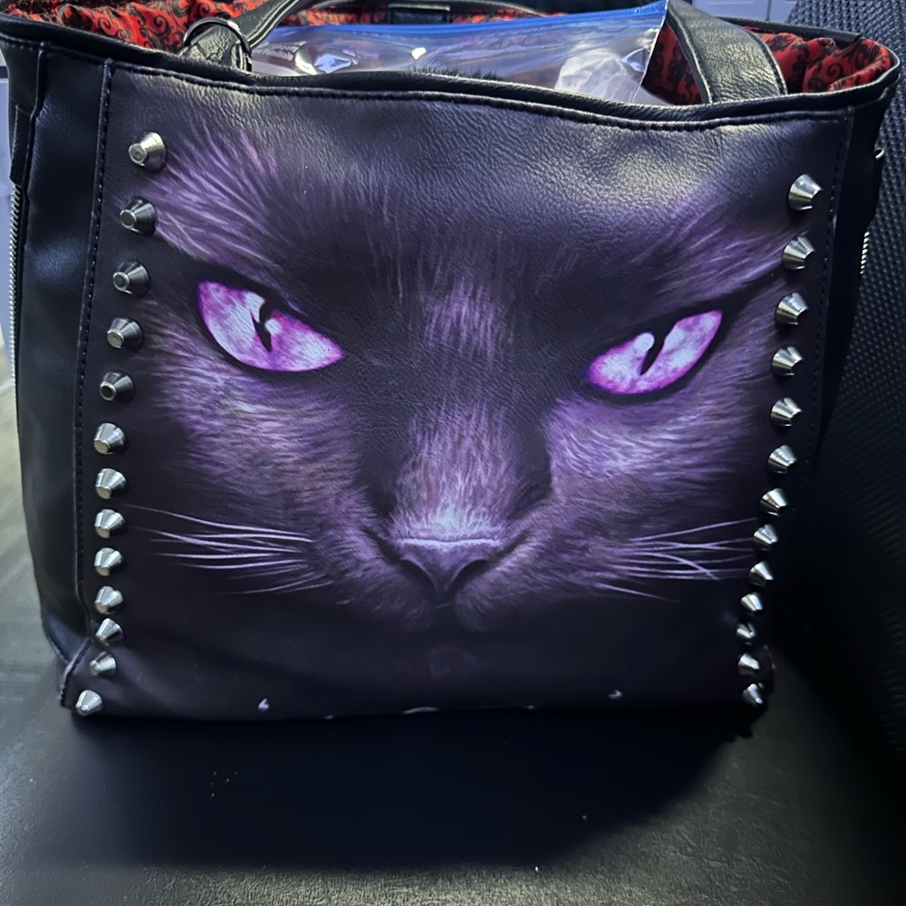 Black Cat Tote Bag with Purple Eyes